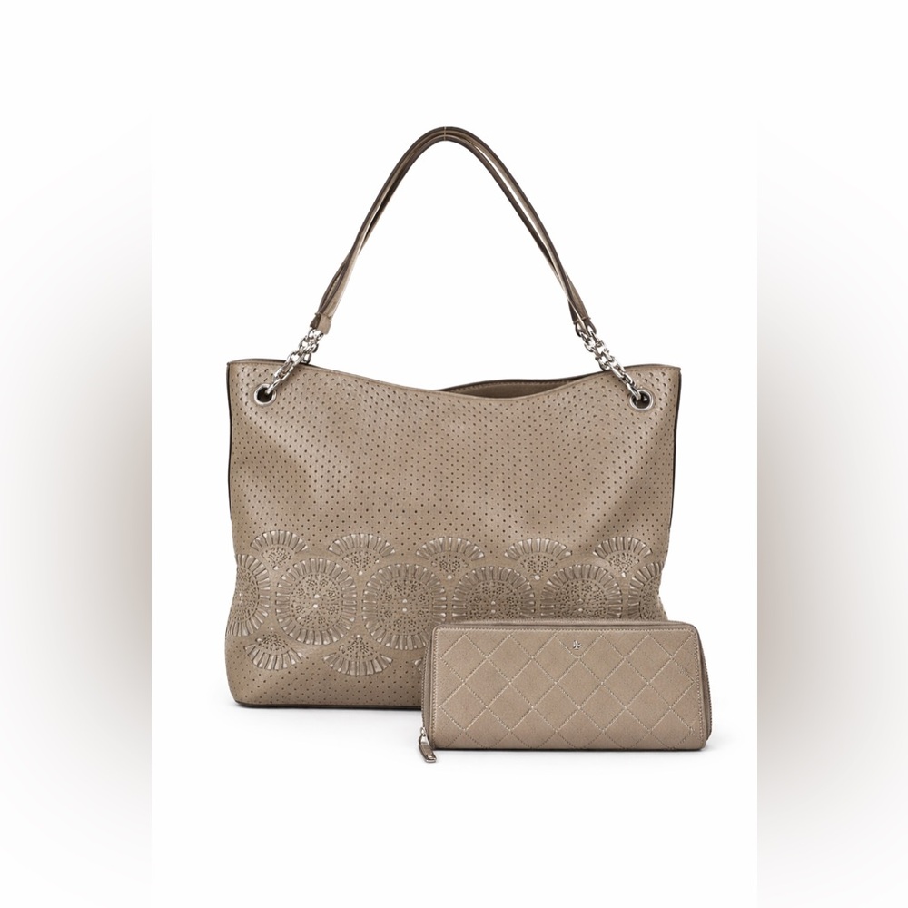 Tory Burch Taupe Perforated Tote and Wallet Set